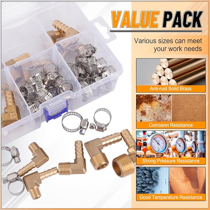 KOOTANS 18PCS Brass Hose Barb Fittings 90 Degree Elbow Barb to NPT Male Thread Adapter Kit 1/4" 5/16" 3/8" Barbed Air Hose Fittings with 30pcs Pipe Clamps for Water Fuel Air Line Connector Fitting