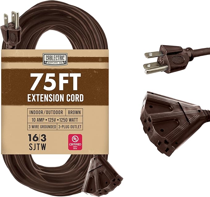 75 ft Brown Outdoor Extension Cord 3 Outlet Triple Tap, 16/3 SJTW Heavy Duty 16 Gauge Exterior Extension Cord with Multiple Outlets 3 Prong, Weatherproof Cable for Landscaping, Deck, Patio