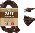 75 ft Brown Outdoor Extension Cord 3 Outlet Triple Tap, 16/3 SJTW Heavy Duty 16 Gauge Exterior Extension Cord with Multiple Outlets 3 Prong, Weatherproof Cable for Landscaping, Deck, Patio