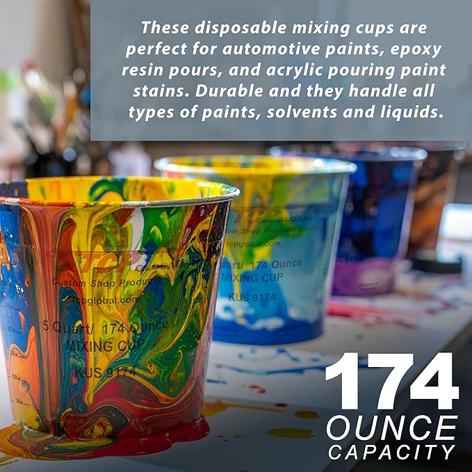 Custom Shop Paint Mixing Cups, 5-Quart (12 Pack) - Plastic Measuring Cups for Liquids, Automotive Painting, Epoxy Resin, Acrylic Arts, Crafts, Disposable or Reusable, Graduated, Mixing Ratios