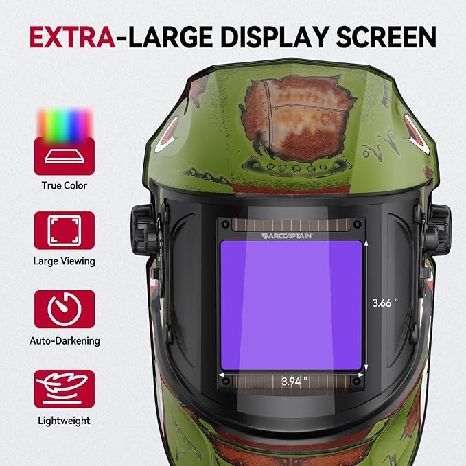 ARCCAPTAIN Large Viewing Screen 3.93"X3.66" Welding Helmet, True Color 1/1/1/1 Solar Power Auto Darkening Welding Hood with 4 Arc Sensor, Wide Shade 4/5-9/9-13 for TIG MIG ARC, Shark