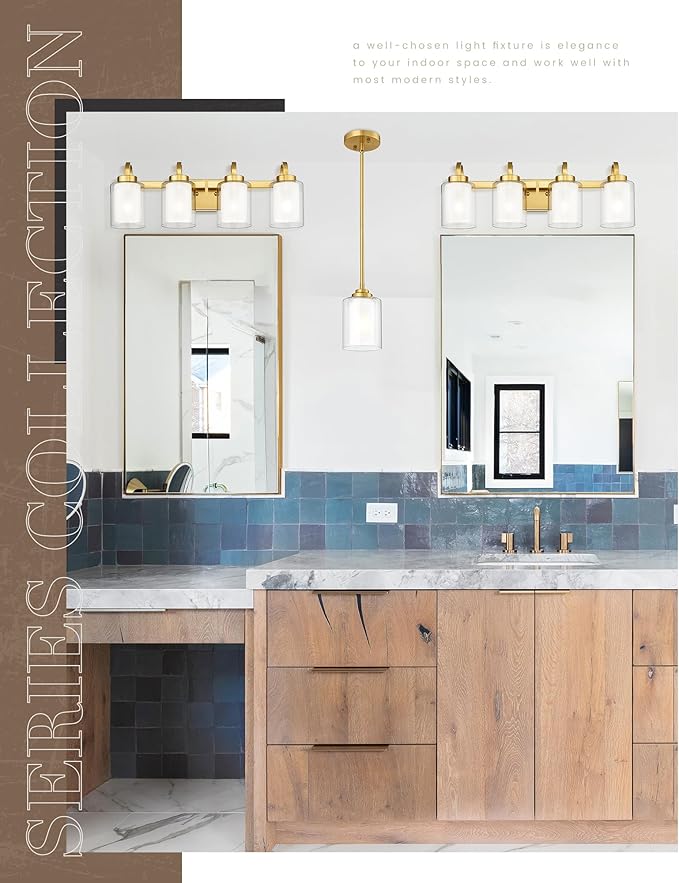 TENGXIN 4-Light Bathroom Vanity Light, Brushed Gold Vanity Light Over Mirror, Modern Wall Light Fixtures with Dual Glass Shade, Wall Lights for Mirror Bedroom Living Room E26 Base