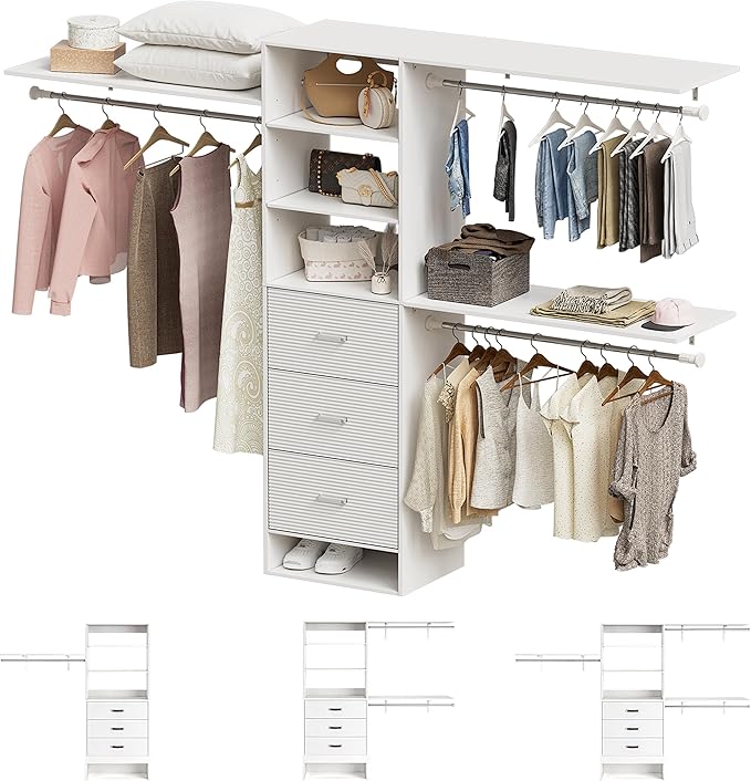 PAKASEPT 96 Inches Closet System with Drawers, 8FT Closet Organizer System with 3 Hanging Rods, Wall Mount Bedroom Wardrobe with 3 Drawers Walk-in Closet, Adjustable Cloth Garment Rack from 5 to 8FT
