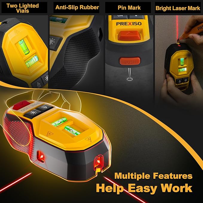 PREXISO 2-in-1 Rechargeable Cross Line Laser Level with Magnetic Stud Finder, Compact Line Lasers with LED Bubble Vials for Accurate Marking, Stud Detector Wall Scanners for Hanging Frames & Pictures