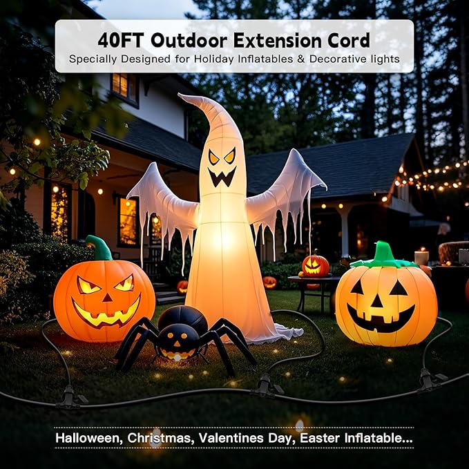 40FT Outdoor Extension Extension Cord for Halloween Christmas Inflatables with Multiple Outlets Black Electrical Cord with Multiple Plugs Outdoor Christmas Blow Up Decorations Light Extension Cords