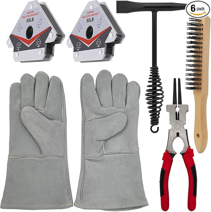 Welding Accessories,6pc,Chipping Hammer 10.5",Leather Welding Gloves 13.5",6-in-1 Welpers Pliers 8",Wire Brush 11",Welding Magnet 50LB