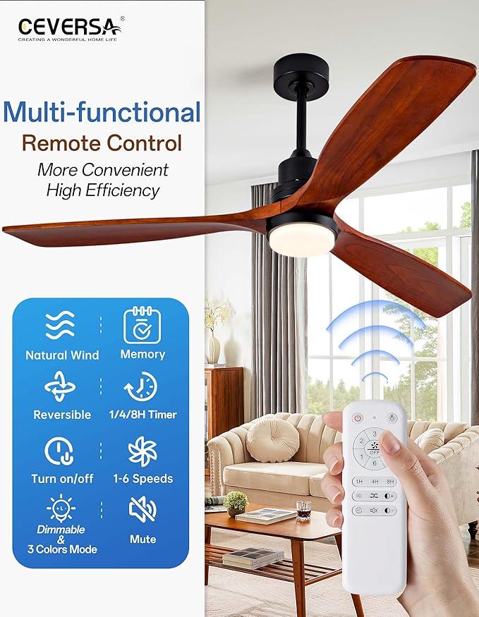 60 Inch Ceiling fans with Lights and Remote,Wood Outdoor Ceiling Fan for Patios with Dimmable LED Light,3 Blades Walnut,Noiseless Reversible DC Motor,Modern Memory Fan for Indoor,Farmhouse