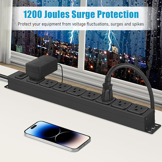 HHSOET Magnetic Mount Power Strip, 8 Outlet Mountable Socket, Metal Heavy Duty Surge Protector, Gaming Table Outlet, Easy to Fix Without Drilling or Taping, 6FT Extension Cord.(Black)