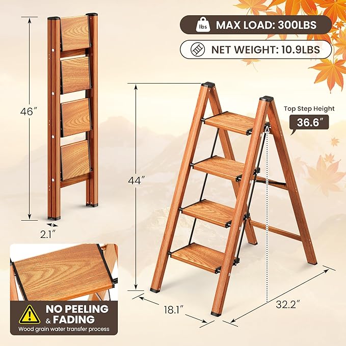 GameGem 4 Step Ladder, Folding Step Stool with Anti-Slip Wide Pedal, Aluminum Material Lightweight Yet Sturdy, 300 Lbs Load, Cute Modern Apperance for Indoor Household Spaces
