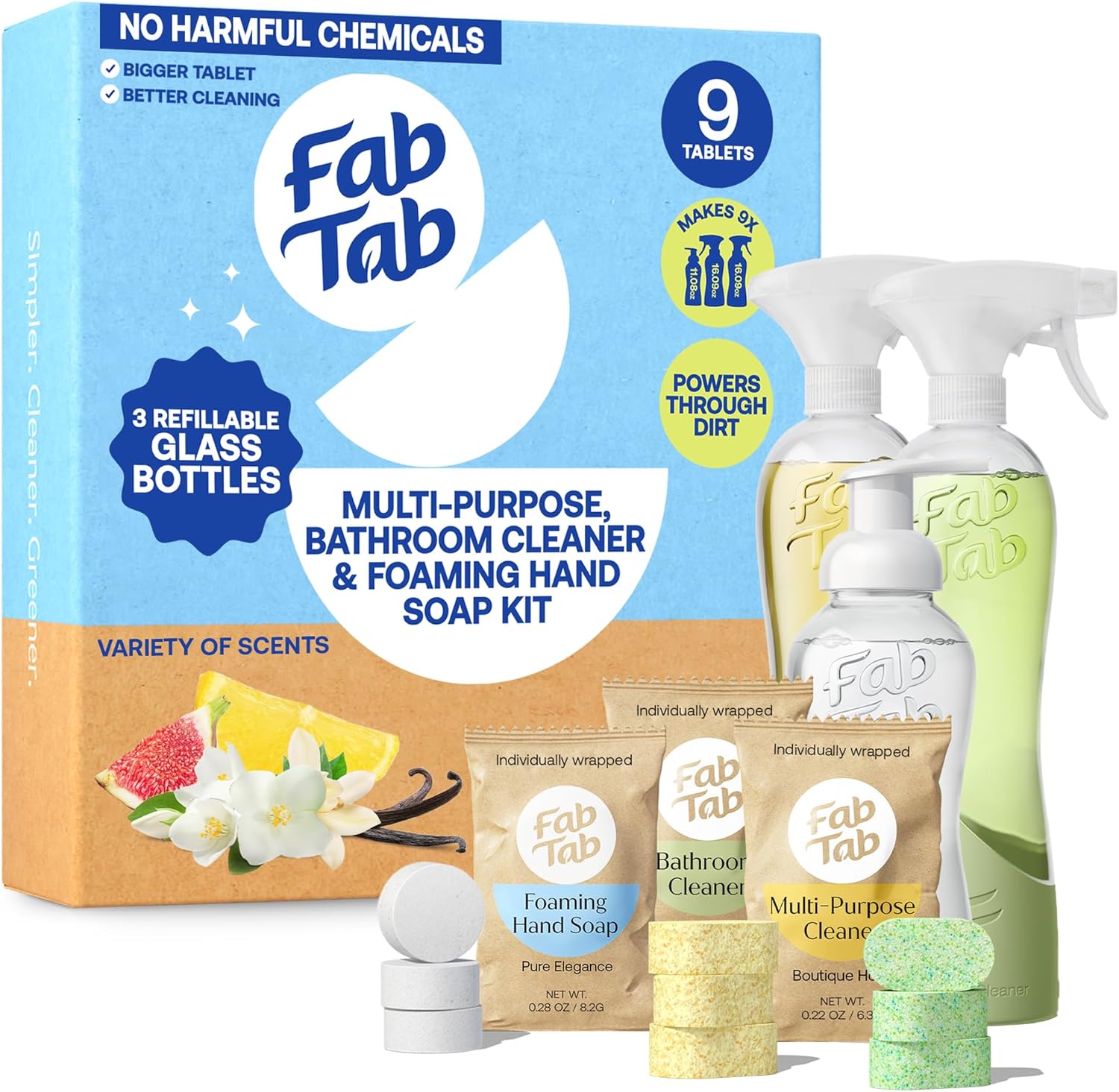 Fab Tab Home Starter Kit - Natural Cleaning Products - Household Cleaners - All-Purpose Cleaner Tablets - Plant-Based, Plastic-Fee - No Harsh Chemicals | Cleaning Kit