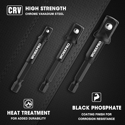 WORKPRO 3-Piece Socket Adapter Extension Set, 1/4, 3/8, 1/2-Inch Drive, 1/4-Inch Hex Shank, Impact Grade Extension Bit With Holder For Power Drill & Impact Driver