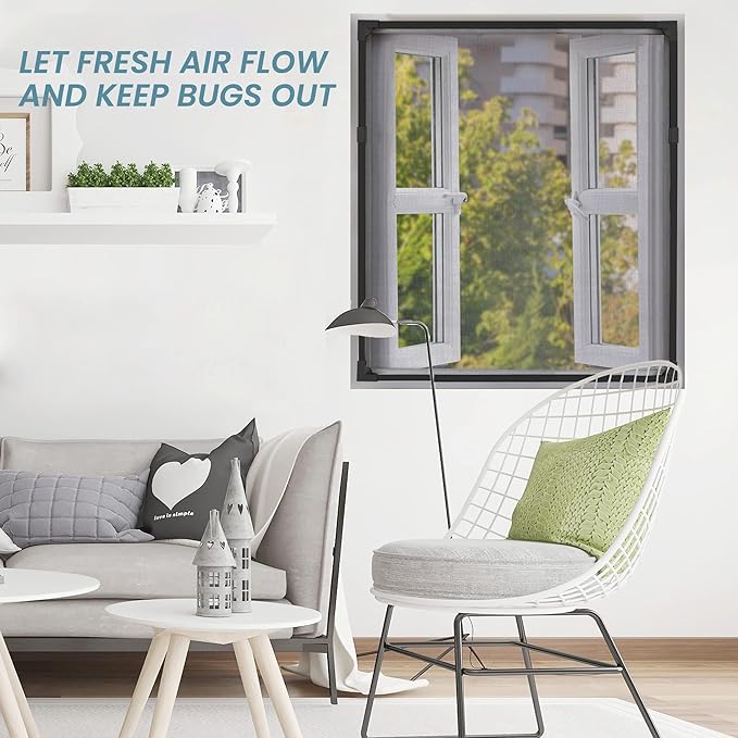 DIY Magnetic Window Screen Replacement Adjustable Mesh Screen 55"H*36"W with Magnets Fits Any Size White Frames with Grey Fiberglass Screen