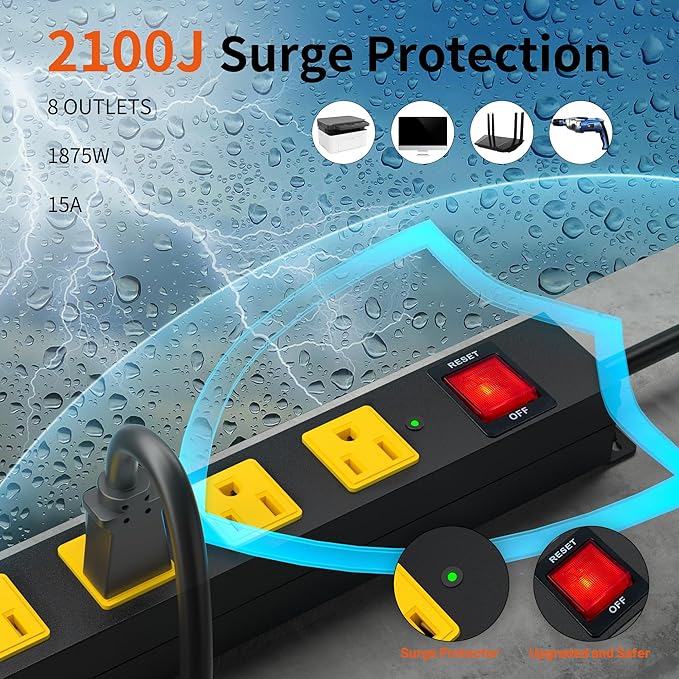 Heavy Duty Surge Protector 8 Outlet Long Power Strip Extension Cord Wide Spaced and Wall Mount Metal Powerstrip for Home Office Workshop Garage (10FT)
