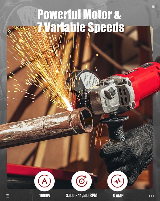 AVID POWER Angle Grinder 4-1/2 Inch 8.0 Amp 1000W Electric Grinder Tool 7-Variable-Speed Metal Grinder, 11,500 RPM, Paddle Switch with Lock-on Button, Cutting & Grinding Wheels and Side Handle