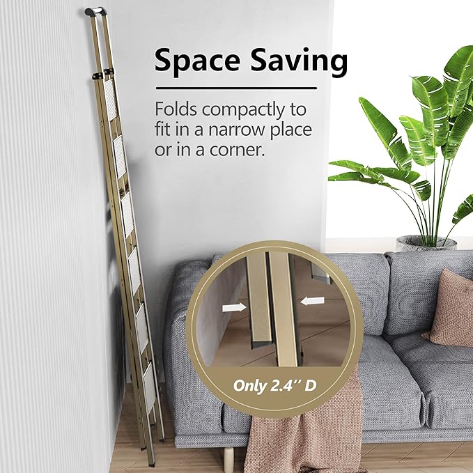 GameGem 6 Step Ladder for 12 Feet High Ceiling, Lightweight Aluminum Folding Step Stool with Convenient Handgrip, Stepladders with Anti-Slip and Wide Pedal for Home Use Space Saving - Gold