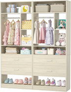 4FT Closet System with 4 Wood Drawers, 48" Closet Organizer System with 10+ Small Shelves & 2 Hanging Rods, Walk-in/Nursery Closet Systems, Set of 2, White Oak (48" L x 15" W x 80" H)