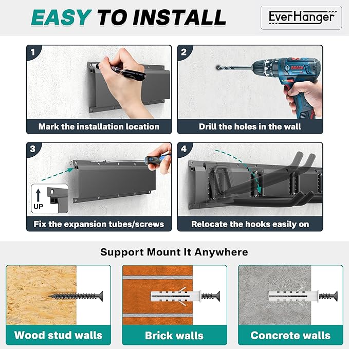 EVERHANGER Garage Tool Storage Organizer, Wall Mount Garden Tool Rack Organization, Heavy Duty Folding Chair Hangers with 6 Adjustable Hooks, Max Load 450lb, 48inch