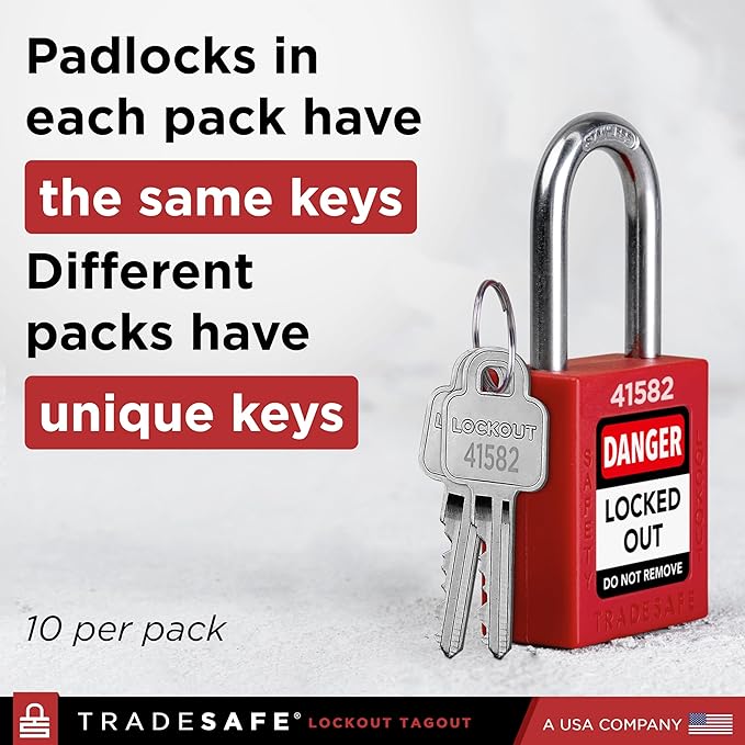TRADESAFE Lockout Tagout Locks Set - 10 Red Keyed Alike Padlocks, 2 Keys Per Lock, OSHA Compliant Loto Locks for Lock Out Tag Out Stations, Premium Grade