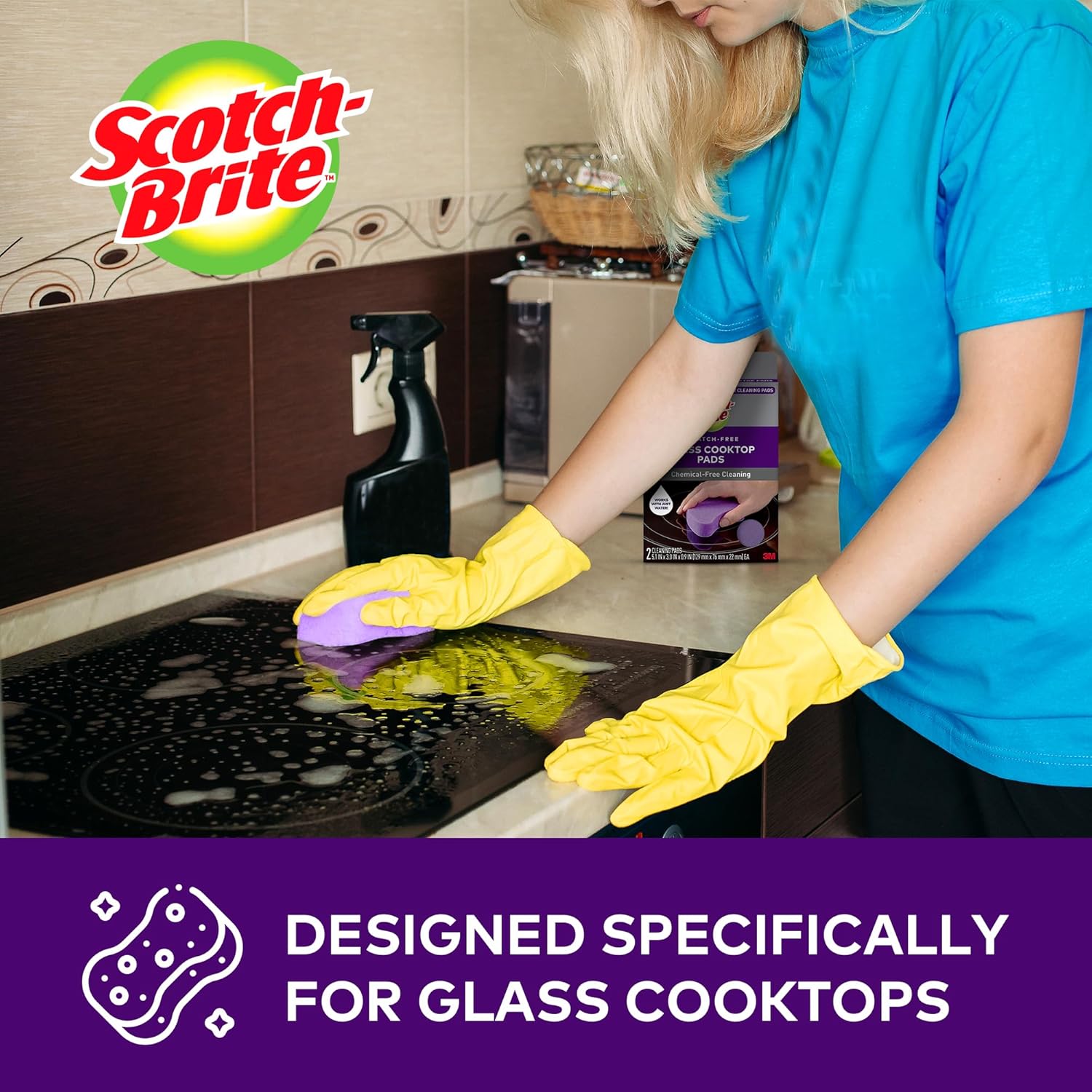 Scotch-Brite Glass Cooktop Pads, Scratch-Free & Non-Abrasive Scrubbers for Glass or Ceramic Stovetops, Cleans Burnt-On Messes with Just Water, Reusable Dishwasher-Safe Design (6 Pads)
