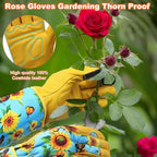 DLY Gardening Gloves for Women, Rose Gloves Gardening Thorn Proof, Long Garden Gloves for Women, Breathable Cowhide Leather Gauntlet (Large, Blue)