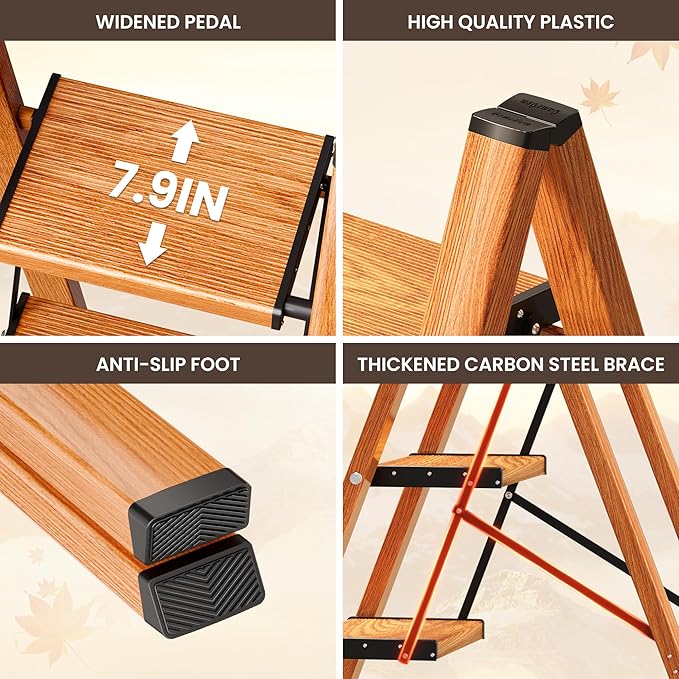 GameGem 4 Step Ladder, Folding Step Stool with Anti-Slip Wide Pedal, Aluminum Material Lightweight Yet Sturdy, 300 Lbs Load, Cute Modern Apperance for Indoor Household Spaces