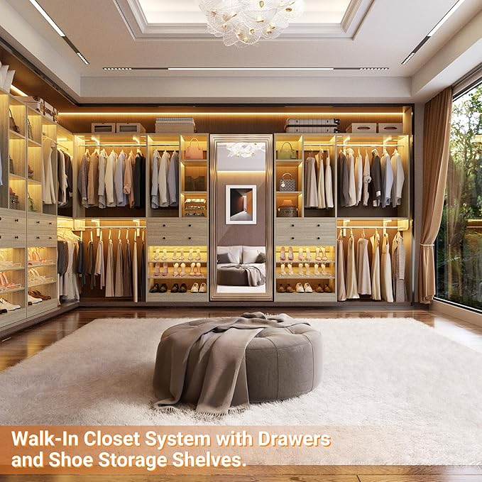 10FT Closet System with 4 Drawers, 120" Closet Organizer System with 6 Hanging Robs & Reversible Hanging Shelving, Closet Systems for Walk-in Closets, Load 2000+LBS, Greige Oak 2 Pack