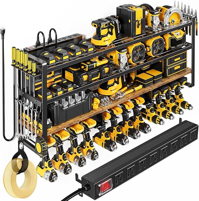 49.5" W Large Power Tool Organizer with Charging Station, 4-Layer Heavy Duty Utility Rack Loads 600lbs, Holds 8 Cordless Drills, Wall Mount Tool Shelf with 8-Outlet Power Strip, Gift for Men