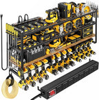49.5" W Large Power Tool Organizer with Charging Station, 4-Layer Heavy Duty Utility Rack Loads 600lbs, Holds 8 Cordless Drills, Wall Mount Tool Shelf with 8-Outlet Power Strip, Gift for Men
