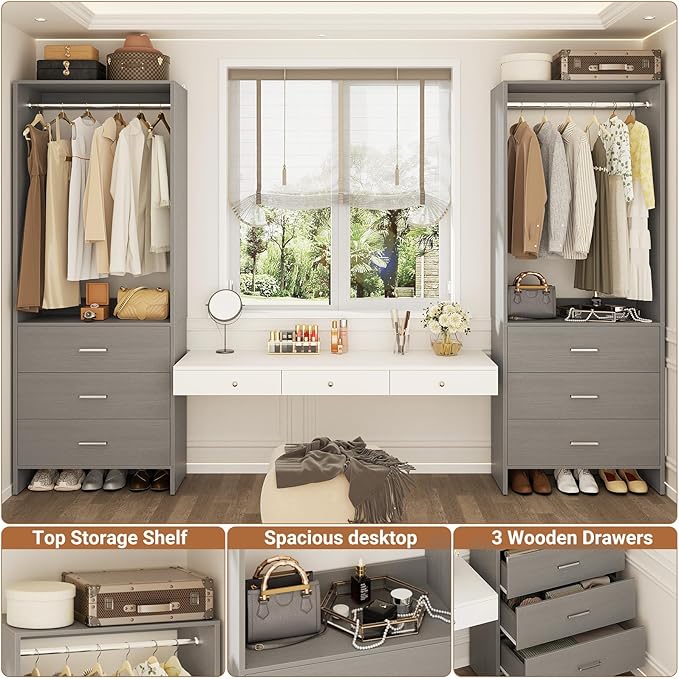 Aheaplus Closet System Closet Organizer, Wood Closet Organizer System, Walk-in Closet or Small Closets Wardrobe, Clothes Rack with Hanging Rods, 8FT Closets, Set of 4, Grey