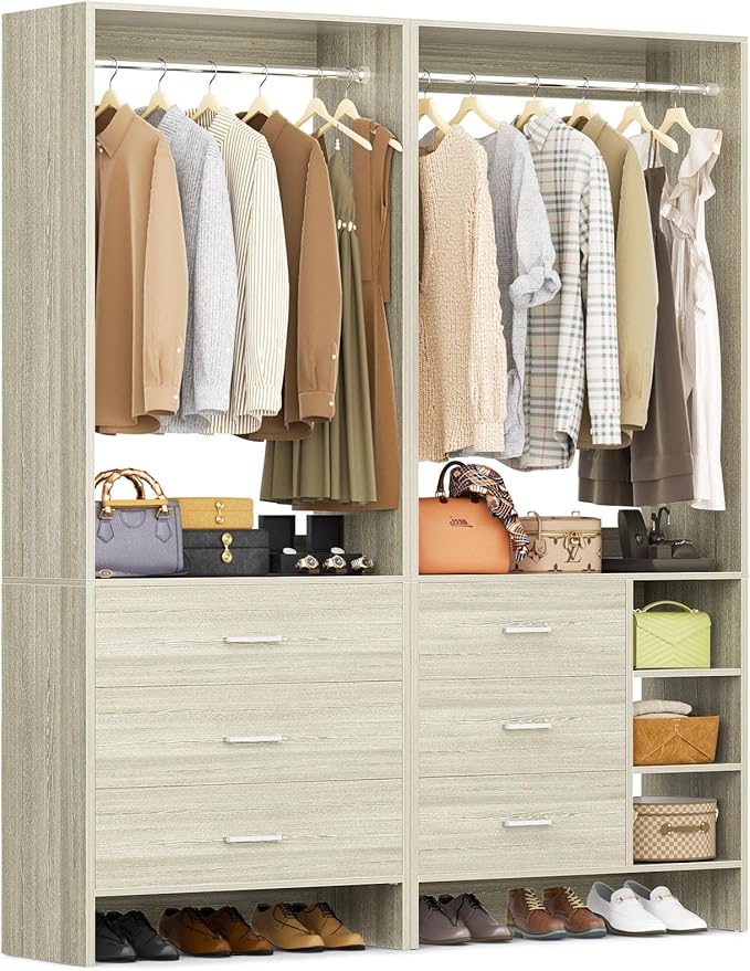 Aheaplus Closet System with 6 Drawers, 4.5ft Wood Closet Organizer System, Walk-in Closet or Small Closets Wardrobe, Clothes Rack with Hanging Rods, White Oak