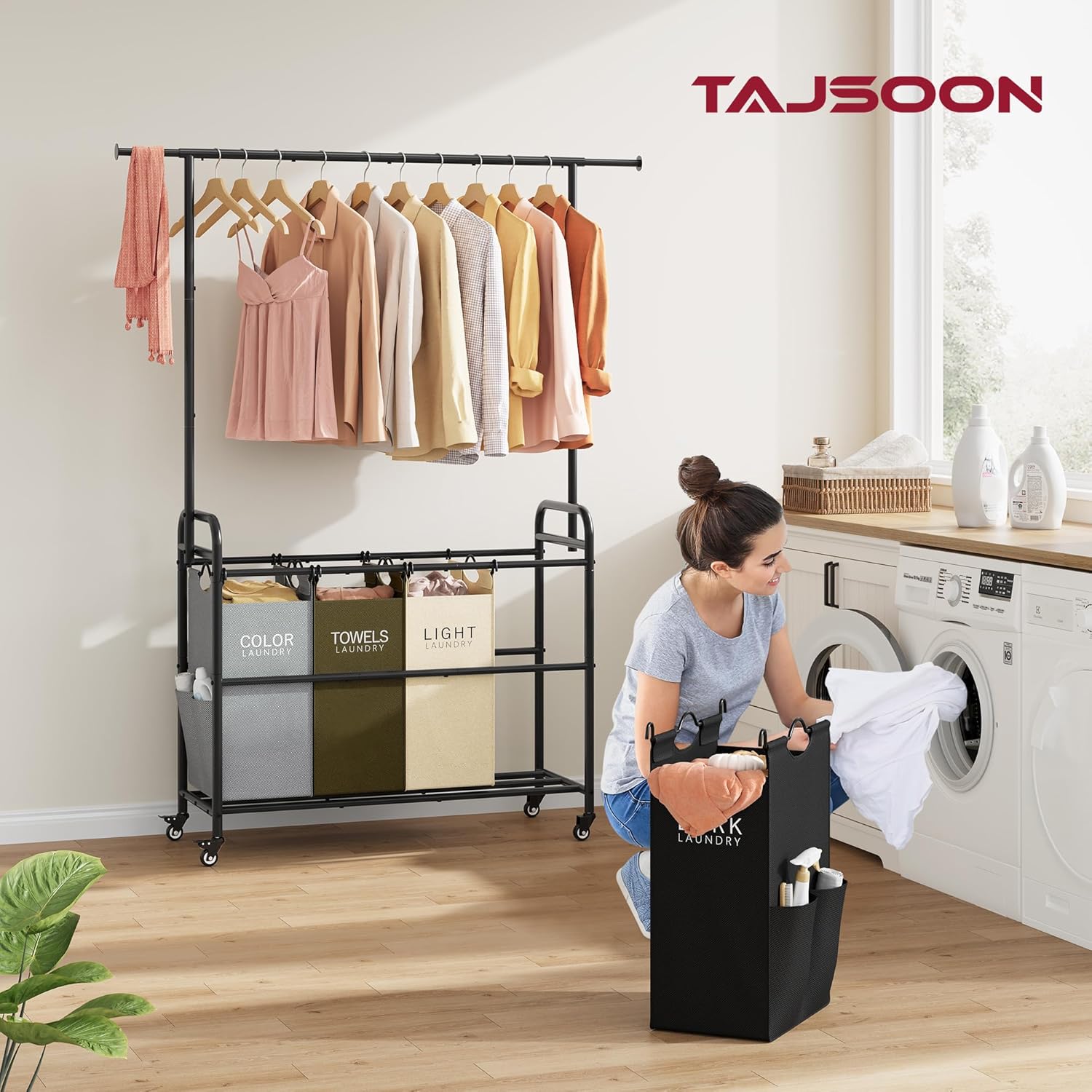 Tajsoon Laundry Sorter Cart with Hanging Clothes Rack, 4 Butler Sorter Basket Organizer, Laundry Hamper Cart with Heavy Duty Rolling Lockable Wheels, 4 Colors