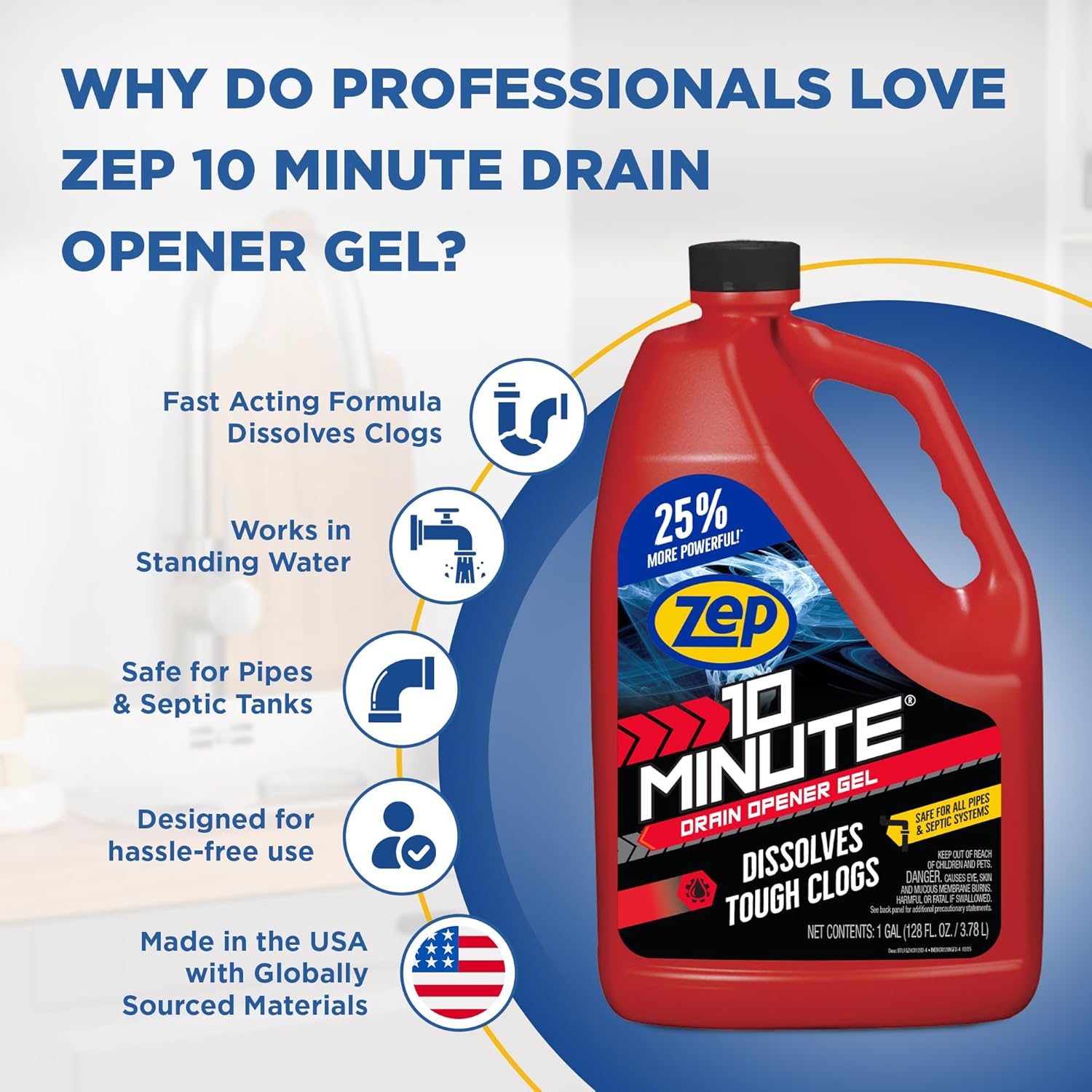 Zep 10 Minute Drain Opener Gel 1 Gallon (Case of 4) ZHCR128NG - Commercial Strength, Fast Acting and Safe for All Pipes