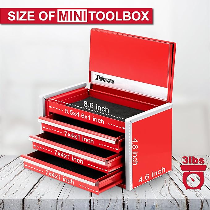 P.I.T. Mini Red Tool Box, Portable 3 Drawer Steel Stackable Tool Box with Magnetic Tab Locking, Red Micro Top Chest with Liner for Tools Storage and Organizers, Home DIY
