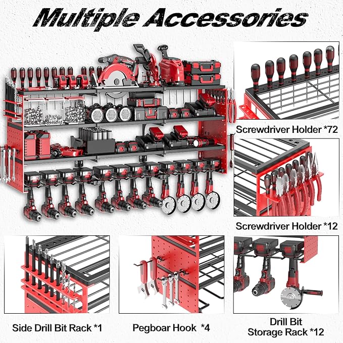 Large Power Tool Organizer Wall Mount, 52" Heavy Duty 4 Tier Garage Storage Shelf with 12 Drill Holder, Power Tool Storage Organizer Loads 480lbs for Garage Organization Warehouse Workshop