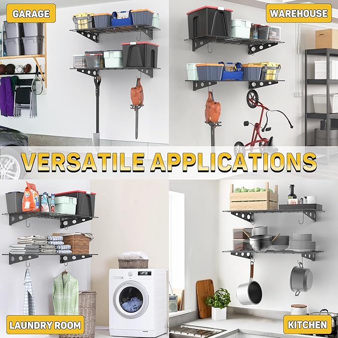 Ultrawall Garage Wall Shelves, 2 x 4 ft Wall Mounted Storage Shelves, Heavy Duty Wall Shelving with Hooks, Holds Up to 220 Lbs, 2Pack, Black