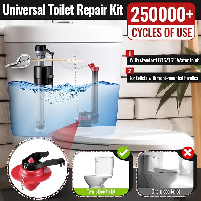 Toilet Flusher Replacement Kit, 2-Inch Toilet Flusher Repair Kit Include Adjustable Fill Valve with Flapper, Flush Handle Lever, Gasket and Bolts, Anti-Siphon Repair Parts Inside Tank(2 Set)