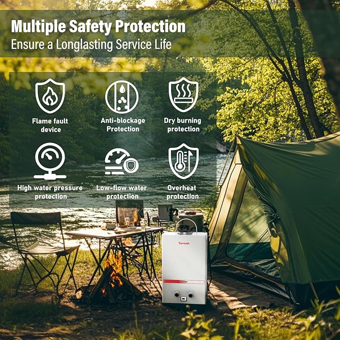 Tankless Water Heater 8L, Portable Propane Camping Water Heater 2.11GPM with Handle Overheating Multi-Protection, Instant Gas Hot Water Warmer for Outdoors RV Trips Shower Boat Cabins,White