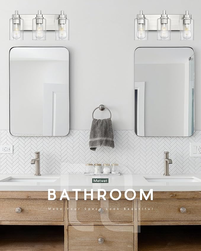 3-Light Bathroom Light Fixtures, Brushed Nickel Vanity Light with Cylinder Clear Glass Shade, Modern Vanity Lighting Fixtures Over Mirror, VL143-BN-3