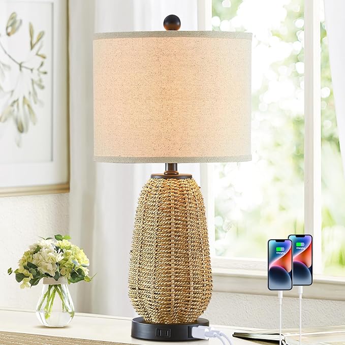 Touch Control Rattan Table Lamps, 3 Way Dimmable Bedside Lamps for Bedroom with 2 USB Ports and AC Outlet, Grass Rope Nightstand Lamps for Living Room Office (LED Bulbs Included)