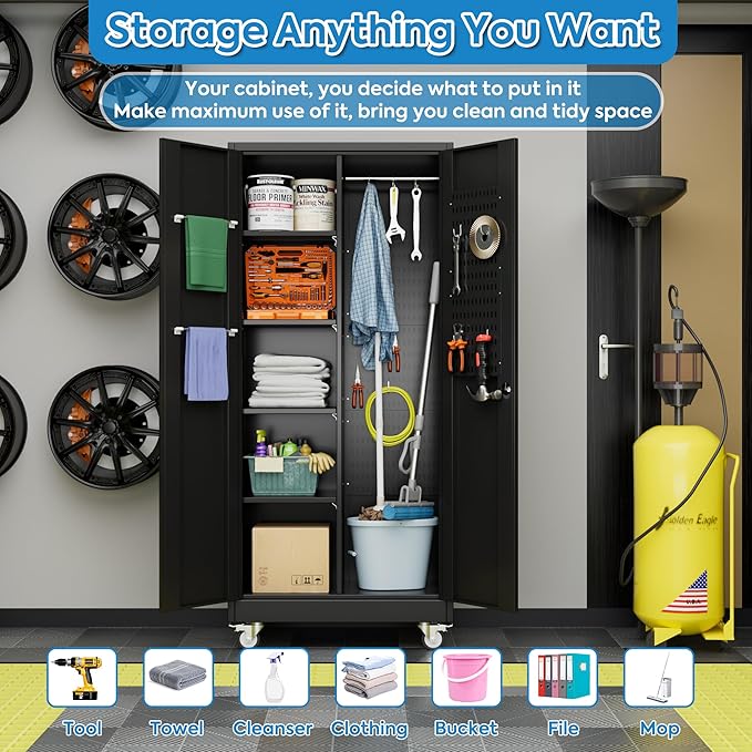 Garage Storage Cabinet with Wheels and 5 Pegboard, Broom Closet Storage Cabinet with Hanging Rod and 13 Hooks, Metal Cabinets with 4 Shelves for Garage, Home, 71"H x 31.5"W x 15.75"D, Black