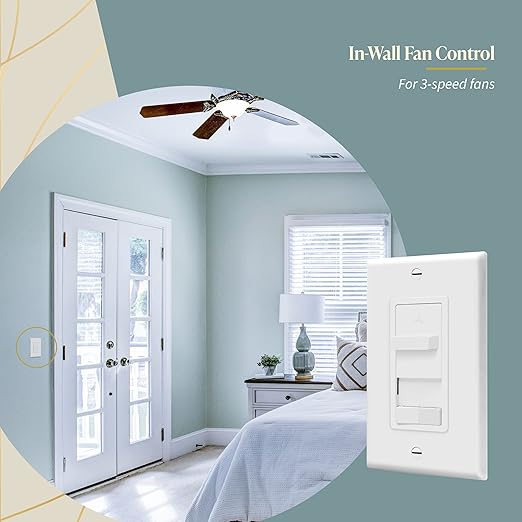 TOPGREENER Kalide Combo Light Switch with 3-Speed Fan Control, Light and Fan Combination Switch, Single Pole, 2.5A, 720W, Neutral Wire Not Required,Wall Plate Included, TGSFS3-W, White, 2 Pack
