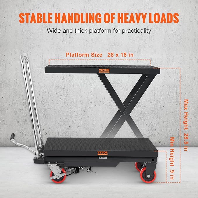 VEVOR Hydraulic Lift Table Cart, 500lbs Capacity 28.5" Lifting Height, Manual Single Scissor Lift Table with 4 Wheels and Non-Slip Pad, Hydraulic Scissor Cart for Material Handling, Black