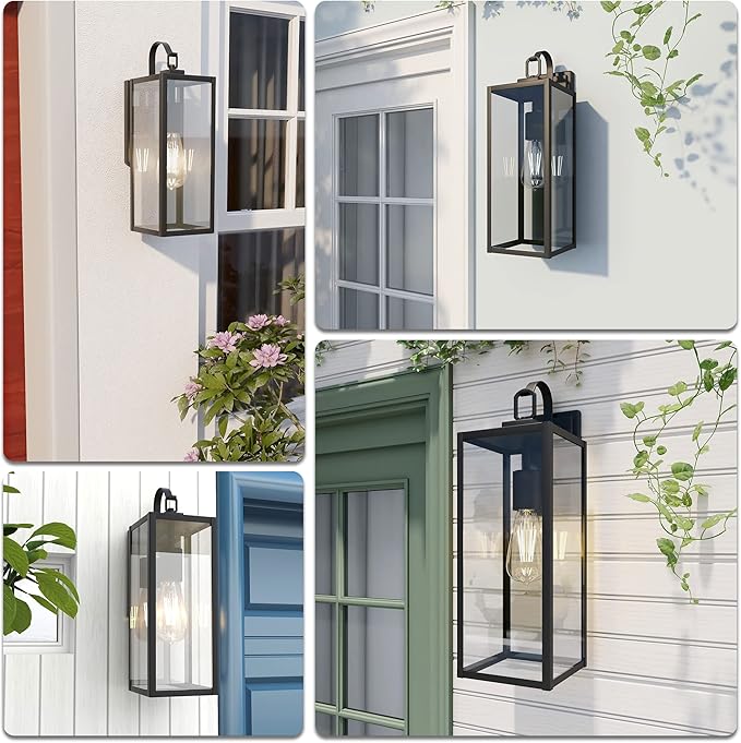 Pia Ricco Large Size Outdoor Wall Lights, 2 Pack 18 Inch Matte Black Exterior Light Fixture with Clear Glass Shade, Waterproof Front Porch Lighting, Modern Sconce Lantern for House, Garage, ETL Listed