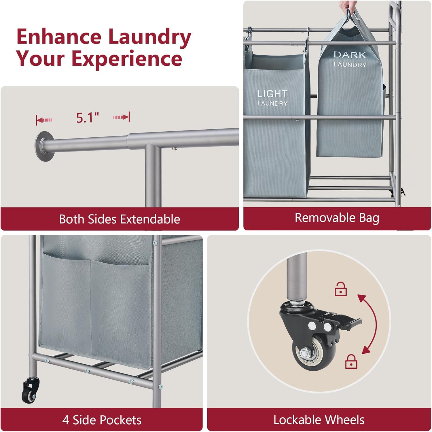 Tajsoon Laundry Sorter with Hanging Bar, 4 Section Rolling Laundry Hamper with Heavy Duty Lockable Wheels, Laundry Sorter Cart for Bathroom & Bedroom, Gray