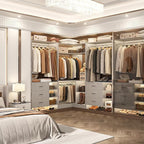 Aheaplus Closet System with 6 Drawers, 4 Hanging Rods & Corner Tower, Corner Closet System with Hanging,92.6" L-Shaped Walk-In Wardrobe Organizer, 2000+ lbs Capacity, Set of 3, Grey