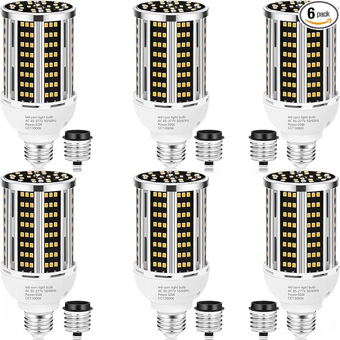 50W 6 pack LED Corn Light Bulb,3000K Warm White 6500LM(500W Equivalent ) Commercial GradeE26/E39 Medium Mogul Base LED Lamp,Large Area Lights For Outdoor Indoor Garage Warehouse Factory Bay Light