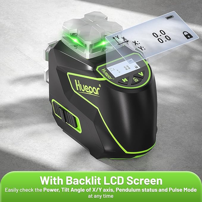 Huepar Laser Level, Self Leveling 12 Lines Cross Line Laser with LCD Screen 3 x 360° Bluetooth Connected Green Beam Laser Tool, 3D Horizontal & Vertical Laser Line -Remote Control&Rechargeable Battery