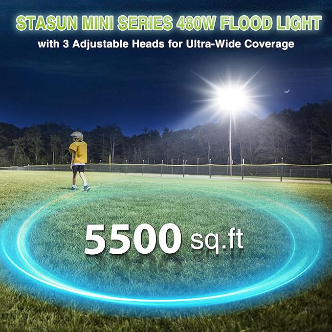 STASUN 480W LED Flood Light, Mini Series Exterior Floodlight, 48000LM 6000K Daylight White, IP66 Waterproof, 3 Adjustable Panels, Outdoor LED Security Lighting for Backyard, Driveway, Parking Lot