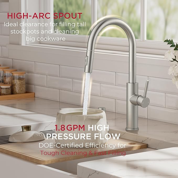 FORIOUS Kitchen Faucet with Soap Dispenser, Modern Brushed Nickel, Single Handle High Arc Stainless Steel Kitchen Sink Faucet with Pull Down Sprayer, 1 or 3 Hole Deck Mount for RV, Laundry, Outdoor