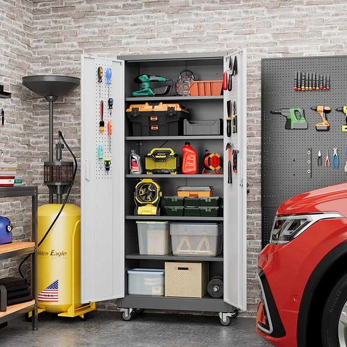 71" H×32" W×16" D Garage Storage Cabinet with Wheels & Pegboard, Locking Metal Storage Cabinet with Doors and 5 Adjustable Shelves & 4 Hooks for Garage Warehouse Home Office, White and Gray